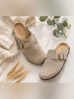Asgard Taupe Suede Clogs Mules EU 41 US 9-9.5 Cork Footbed Comfort